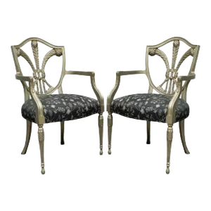 Sheraton Style Shield Back Plume Prince of Wales Silver Dining Arm Chairs - Pair