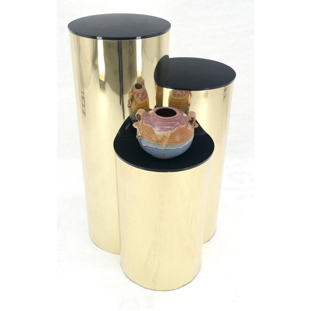 Triptych Round Cylinder Brass Finish Multi Level Pedestal Stand Table For Sale - Image 11 of 15