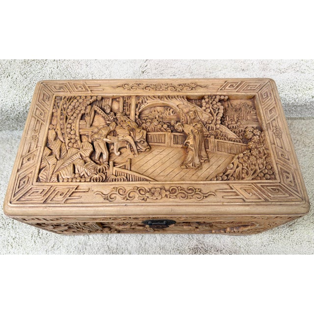 This is an antique Chinese, circa 1920, hand carved wooden chest. Brass fixture on front. Hardly used so it’s in very good...