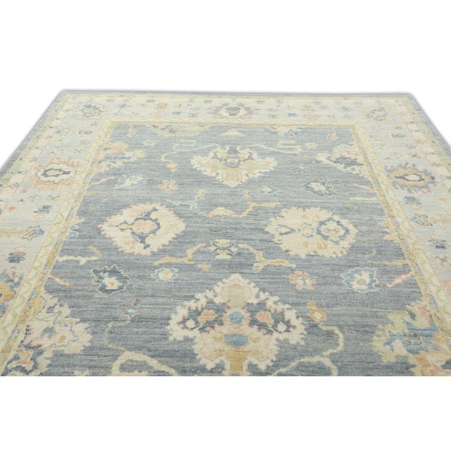 Moon Gray Blue Field Multicolor Handwoven Turkish Oushak Rug 8'1" X 9'9" For Sale In Houston - Image 6 of 7