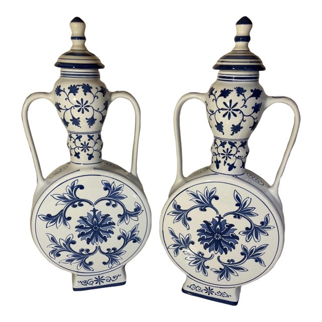 Vintage Pair of Blue and White Chinese Porcelain Moonflask (Urn, Vase) For Sale