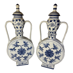 Vintage Pair of Blue and White Chinese Porcelain Moonflask (Urn, Vase)