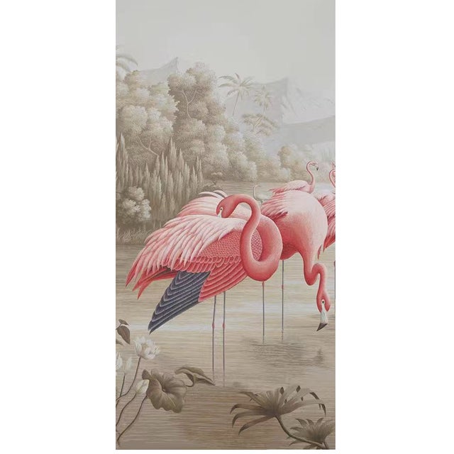 36" * H96" * 3ps, Neoclassical Hand-Painted Flamingo Colony Tropical Wetland Mural For Sale - Image 4 of 6
