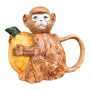 Vintage Majolica Monkey & Citrus Sculptural Teapot — Tropical Hollywood Regency Decor