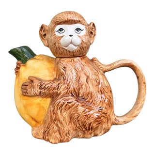 Vintage Majolica Monkey & Citrus Teapot — Sculptural Figural Ceramic, Tropical For Sale