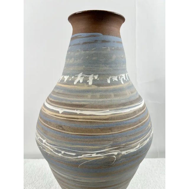 1990s Vintage Handmade Pottery Vase With Blue & Earth-Tone Swirl Glaze For Sale - Image 5 of 12