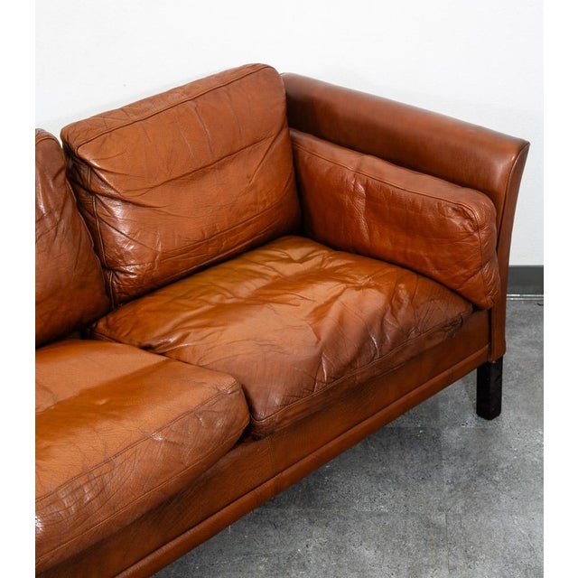 Animal Skin Mid Century Danish Modern Sofa Settee 3 Seater Brown Cognac Leather Denmark MCM For Sale - Image 7 of 12