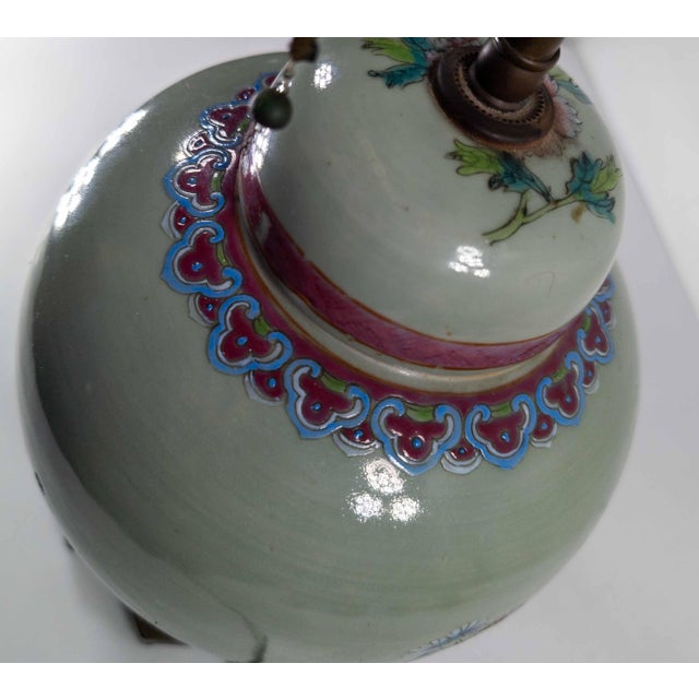 Celadon 19th Century Chinese Celadon Green Floral Ginger Jar Table Lamp in Famille Rose Palette For Sale - Image 8 of 12