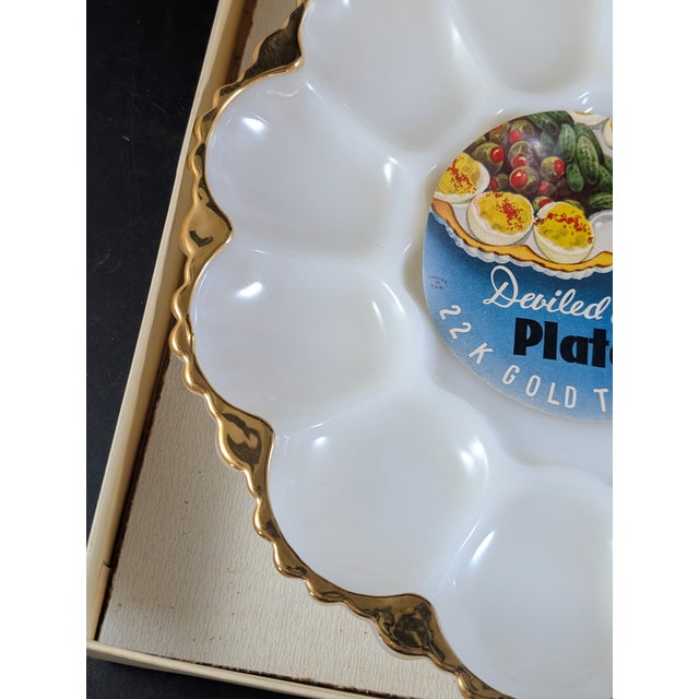 Mid-Century Modern Anchor Hocking Milk Glass Deviled Egg Plate in Original Box 1950's 10" For Sale - Image 3 of 6