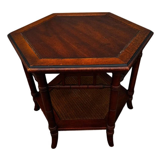 Late 20th Century Walnut and Faux Bamboo Boho Chic Side Table With Cane Shelf For Sale