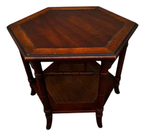 Late 20th Century Walnut and Faux Bamboo Boho Chic Side Table With Cane Shelf