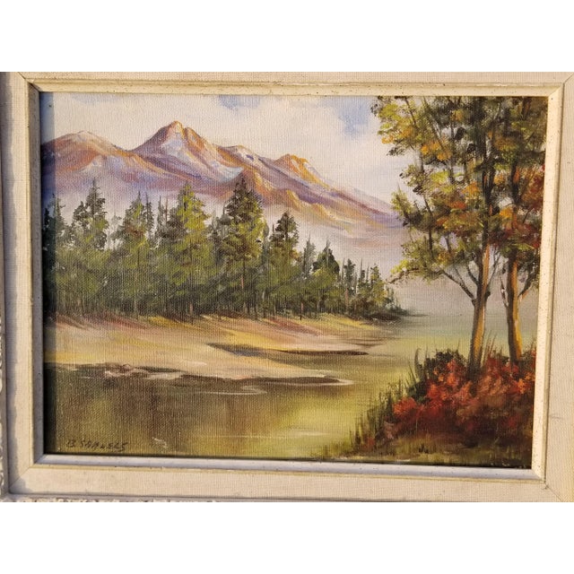 Vintage Oil on Canvas Mountain and River Scene W White Frame by B Samuels For Sale In Los Angeles - Image 6 of 13