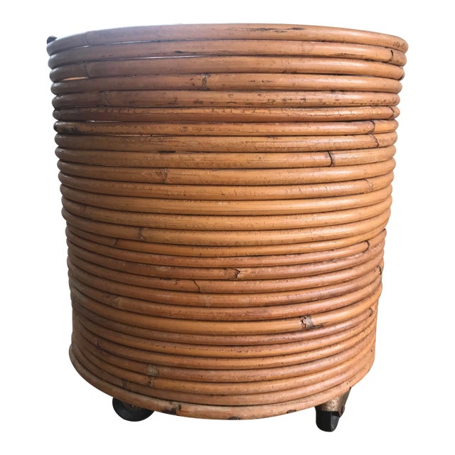 1970s Vintage Mid-Century Crespi Style Pencil Reed Rattan Bamboo Planter Italian For Sale