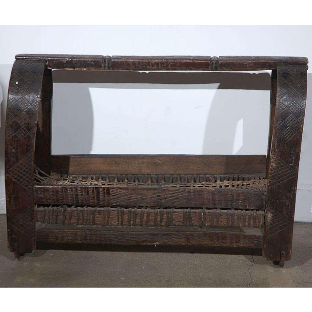 Tribal Antique Indian Tribal Carved-Wood Infant Cradle With Woven Bed, Circa 1900 For Sale - Image 3 of 9