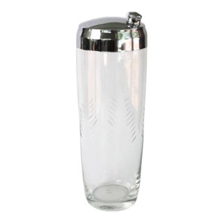 Vintage Mid Century Etched Glass and Stainless Large Size Cocktail Shaker For Sale