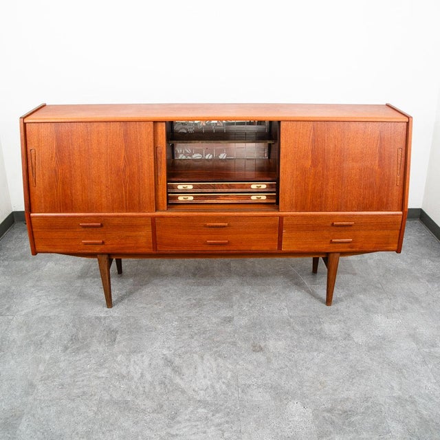 1960s Mid Century Danish Modern Credenza Sideboard Central Bar Teak MCM 6 Drawers 78" For Sale - Image 5 of 12