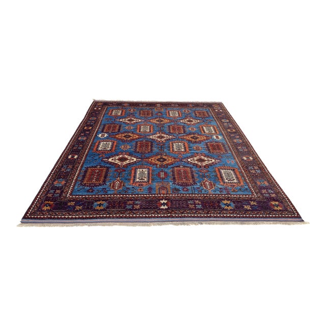 Vintage Moghan Kazak Wool Rug, Blue Tree Medallion For Sale