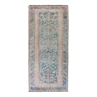 Antique Geometric Design Persian Small Lori Rug in Light Teal and Pink For Sale