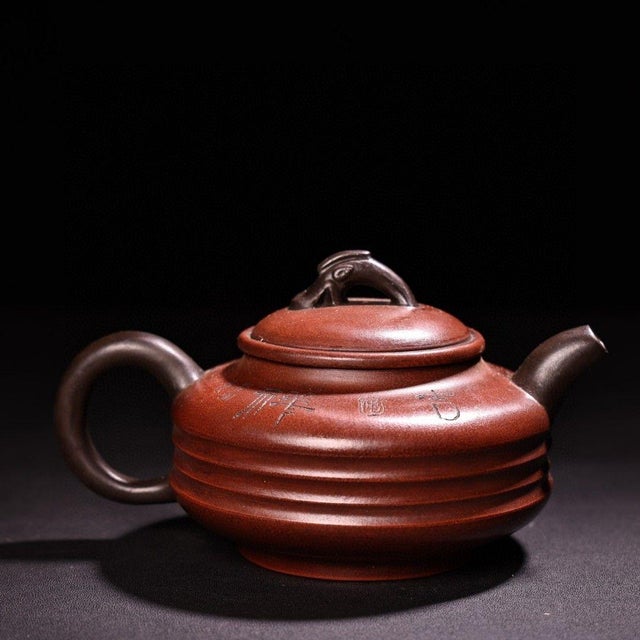 Chinese Vintage Chinese Yixing Zisha Clay Teapot, Handmade Red Clay With Carved Motif For Sale - Image 3 of 9