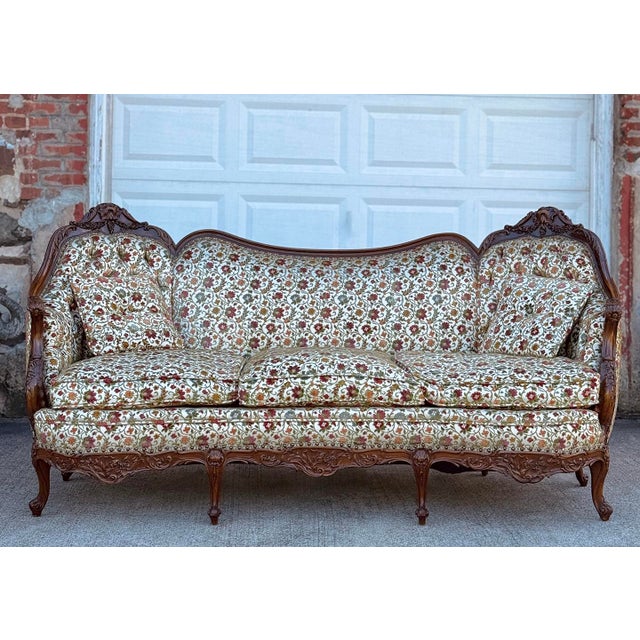 Victorian Antique Victorian Walnut Serpentine Cream Floral Upholstered Sofa For Sale - Image 3 of 11