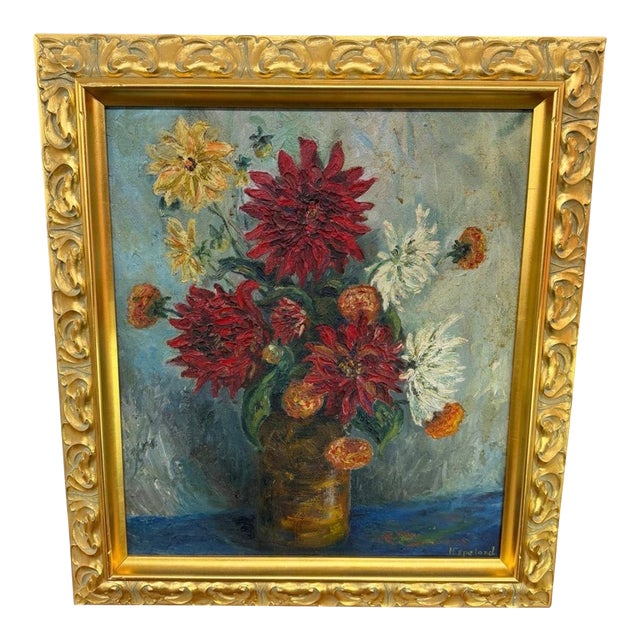 Vintage Original Oil Painting by H. Espeland – Still Life of Flowers - Coa For Sale