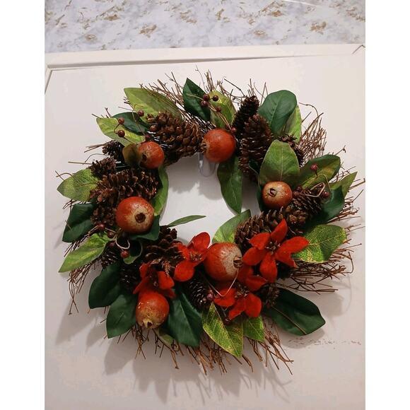 Pomegranate Winter Door Wreath Beautiful Realistic Holiday Christmas Arrangement For Sale - Image 14 of 16