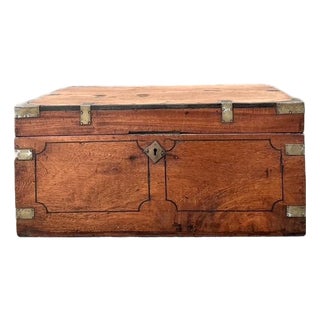 Vintage Campaign Wood Box With Brass Detail For Sale