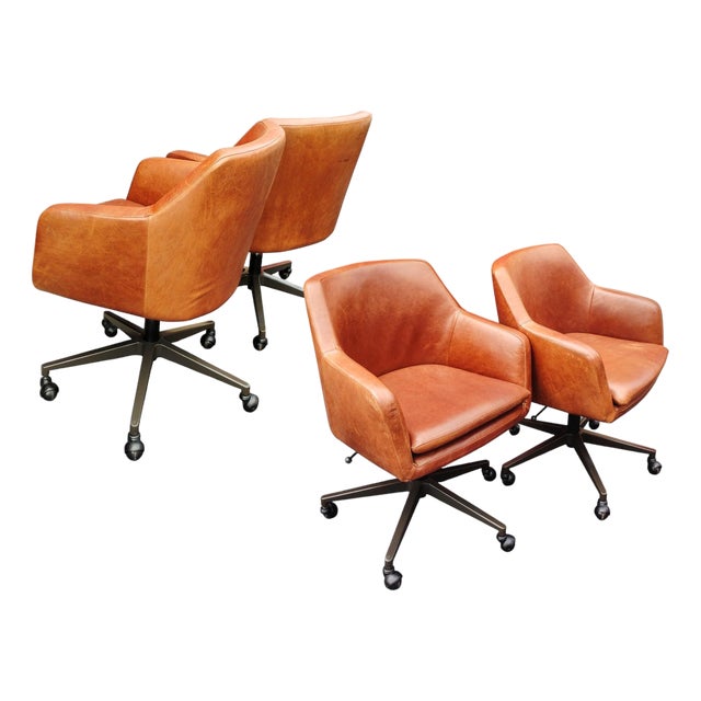Elevate Your Workspace: Set of 4 West Elm Helvetica Genuine Leather Chairs For Sale