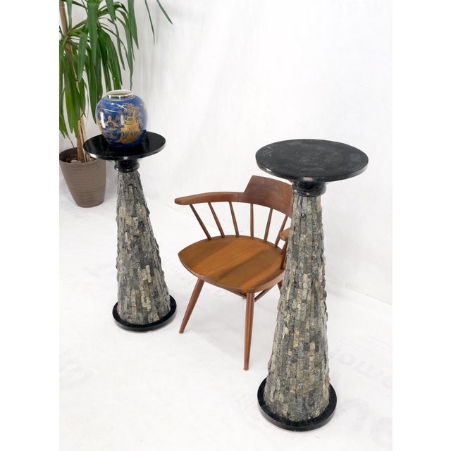 Pair of Polished & Rough Stone Tiles Cone Shape Non Matching Pair of Pedestals For Sale - Image 11 of 12