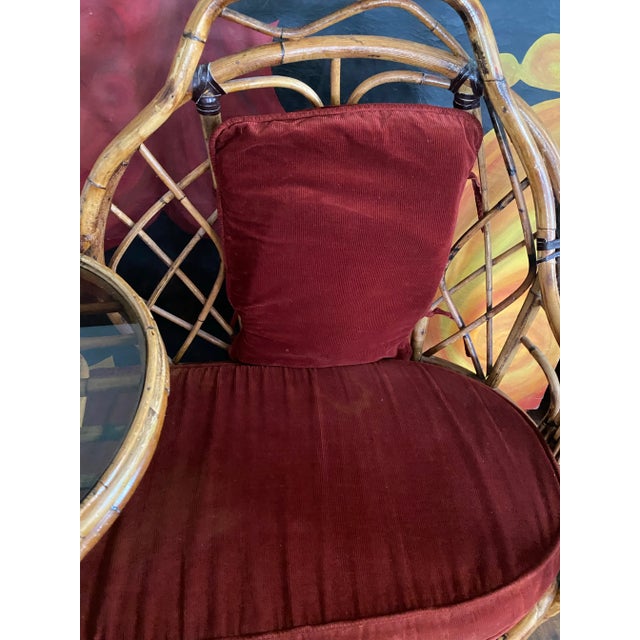 Wood Vintage Boho Chic Bamboo Gossip Bench With Original Seat and Back Cushions, Original Glass Top on Table. In Immaculate Condition. For Sale - Image 7 of 10