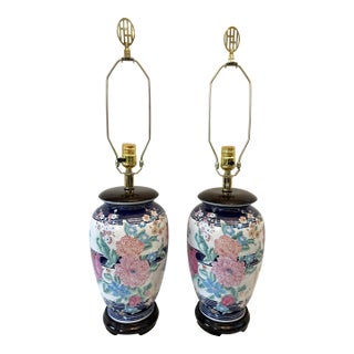 Vintage Ceramic Vase Lamps With Elegant Floral Design on Wood Plinths- A Pair For Sale