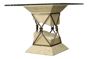 Travertine Stone Wrought Iron Suspended Top Scalloped Glass Coffee Center Table