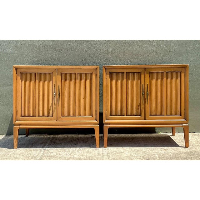 Camel Vintage MCM Wood Cabinets With Grooved Doors - Pair For Sale - Image 8 of 15