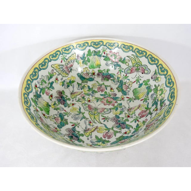 Mid 20th Century Large Chinese White and Yellow Famille Rose Butterfly Porcelain Bowl & Carved Rosewood Stand For Sale - Image 5 of 13