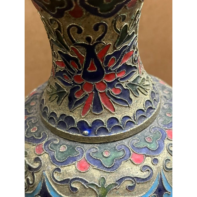Blue Vintage Chinese Cloisonné Enamel Vase With Pink Peony & Floral Motif, Beijing, China For Sale - Image 8 of 8