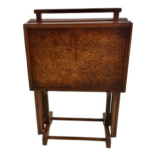 1970s Vintage Hollywood Regency Burlwood Top Folding Tray Tables - 5 Piece Set. For Sale
