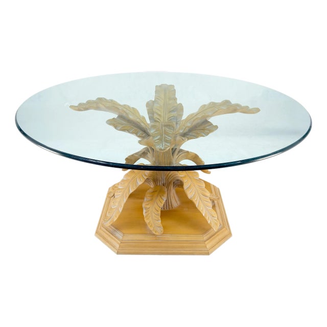 Fine Details Carved Tree Leaves Solid Wood Base 60" Glass Top Dining Table For Sale