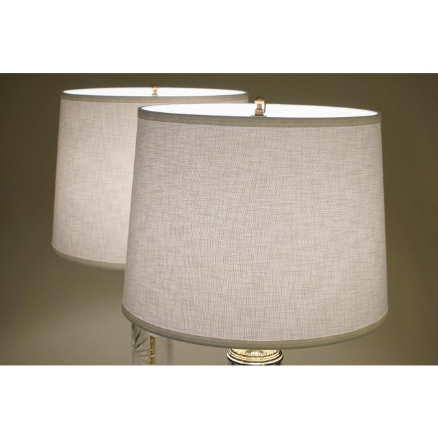 1960s Matched Pair Large Dresden Hollywood Regency Cut Crystal Glass Brass Column Table Lamps - a Pair For Sale - Image 11 of 15