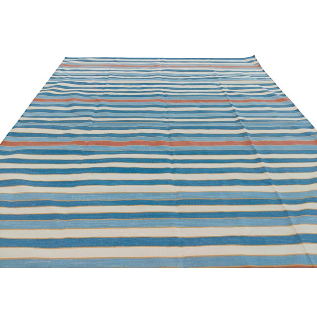 Handwoven Cotton Area Rug, Natural Vegetable Dyed, Blue, Red and Yellow Striped Dhurrie - 6'x9' For Sale - Image 11 of 12