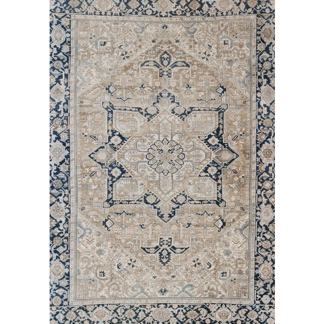 Traditional Antique Persian Heriz Rug With Geometric Medallion Design in Taupe, Blue-Gray For Sale - Image 3 of 13