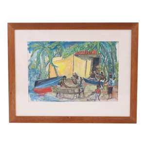 Vintage Tropical Watercolor With Palm Trees and Figures in Martinique
