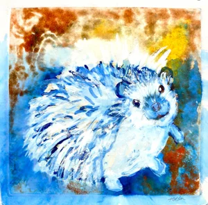 Martha Holden "Blue Hedgehog" Contemporary Ink and Gouache Painting on Paper