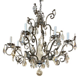 19th C Style Italian Wrought Iron & Crystal Chandelier For Sale