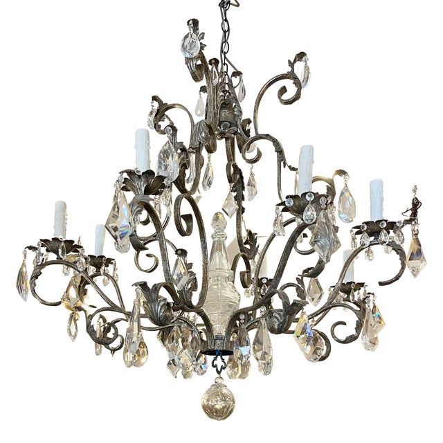19th C Style Italian Wrought Iron & Crystal Chandelier For Sale