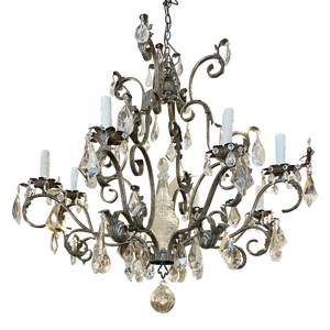 19th C Style Italian Wrought Iron & Crystal Chandelier