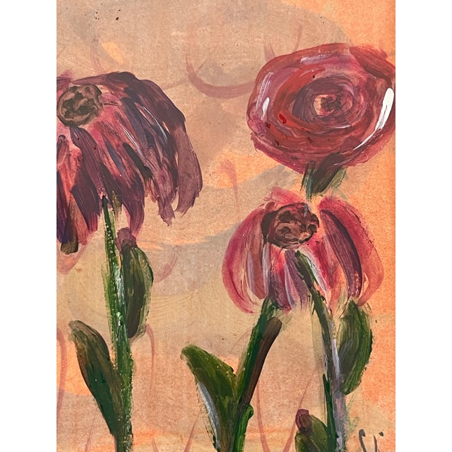 Pair of small original art acrylic on paper abstract floral paintings in gold tone frames.