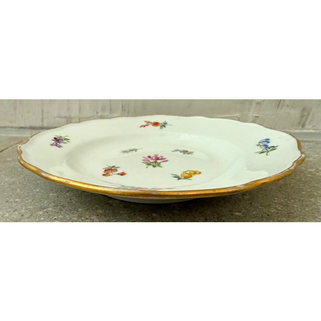 Meissen Porcelain Antique German Meissen Small Plate in ‘Streublumen’ Pattern Meaning Scattered Flowers, Hand-Painted Floral Motifs, Gilded Edge, Maker’s Mark on Bottom For Sale - Image 4 of 11