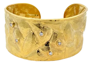 Vintage Italian 18k Gold Diamond Textured Wide Cuff Bracelet