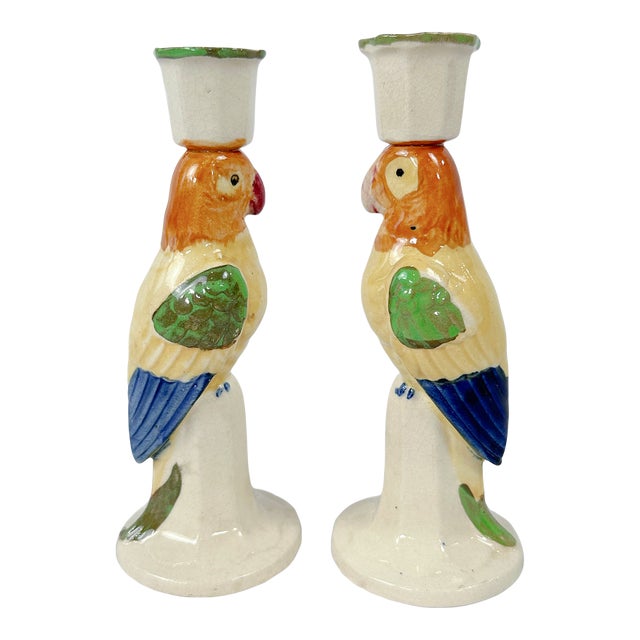 1950's Ceramic Parrot Candle Holders - A Pair For Sale
