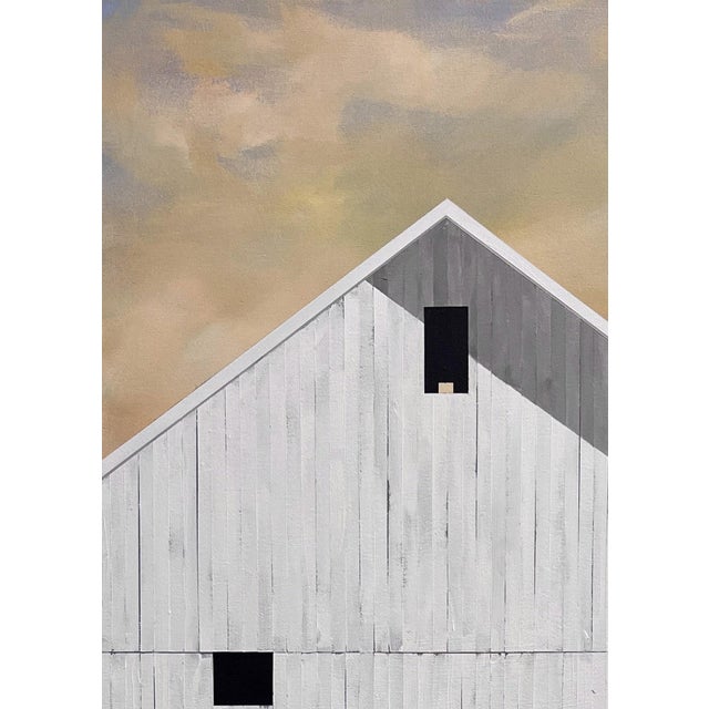 Summer Sunrise by Justin Wheatley is an acrylic painting on canvas of a tall white barn under an early peach sky. The...